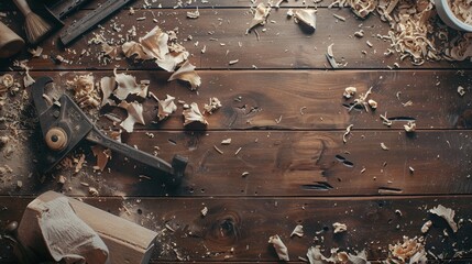 A cluttered workbench covered in wood shavings and carpentry tools, capturing the essence of a hard day's woodwork.