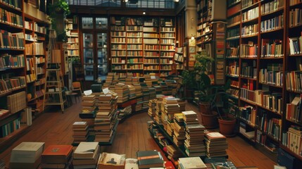 Obraz premium An inviting bookstore brimming with books on every shelf creates a cozy, intellectual atmosphere, with stacks of books artfully set around the wooden floor.