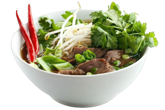 Bowl of pho with beef and herbs isolated on white background