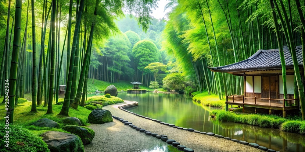 Wall mural Tranquil Asian landscape with lush green bamboo forest and traditional Japanese garden, Asia, landscape