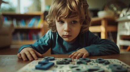 A young child intensely focuses on a puzzle game, surrounded by wooden toys and natural light, evoking a sense of curiosity and concentration.