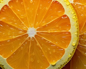 A cross-section of an orange with water droplets on the surface.