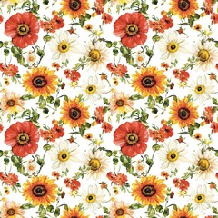 Sunflower, Poppy, Tulip, Gerbera, Watercolor, Fabric, Seamless, Textile, Background 