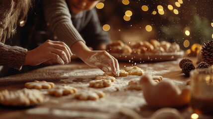 Hands preparing homemade Christmas cookies in a cozy kitchen, festive holiday baking with flour and...