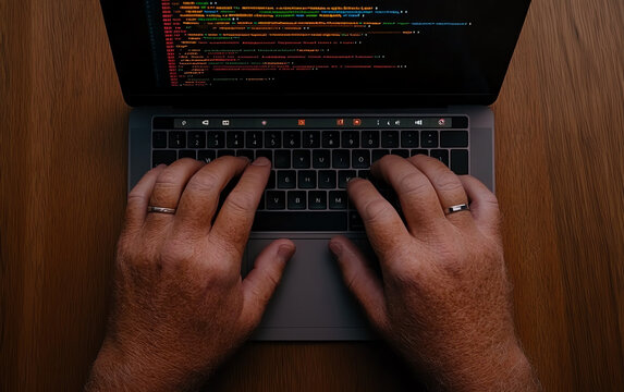 Closeup of hands typing code on a keyboard with lines of colorful syntax on a screen, code and programming, active development