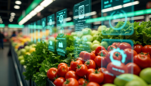 A vegetable section in a supermarket with holographic display overlay.