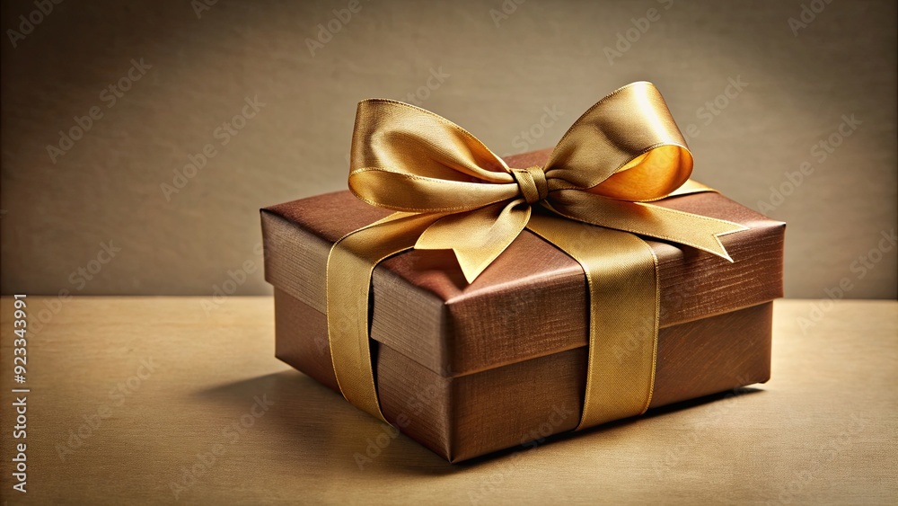 Sticker Elegant brown gift box with gold ribbon and bow on neutral background , elegant, brown, gift box, gold, ribbon, bow