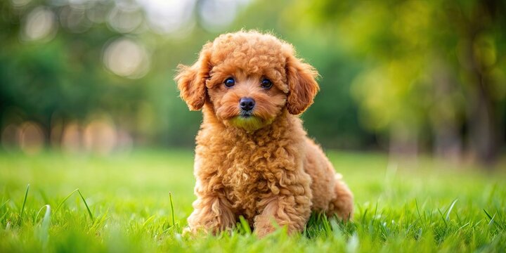 Red Toy Poodle Puppy sitting on green grass, fluffy and cute dog looking at the camera, puppy, red, Toy Poodle, sitting