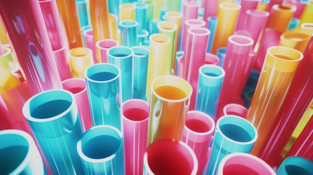 A vibrant array of colorful, translucent tubes clustered together, creating a mesmerizing visual of color combinations and light reflections.