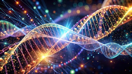 Close-Up of Vibrant DNA Helix with Digital Matrix and Data Swirls