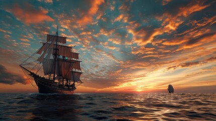 Obraz premium Majestic sailing ship gliding over calm waters under a dramatic, cloud-speckled sunset sky, evoking a sense of timeless adventure.
