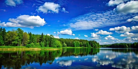 Fototapeta premium Summer landscape with serene lake surrounded by lush green forest under a clear blue sky with fluffy clouds, summer, landscape