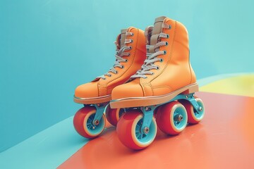 Pair of Stylish Quad Roller Skates on Colorful Background. Space for Text
