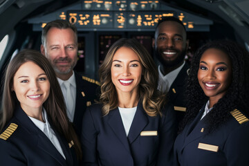 Diverse flight crew in aircraft cockpit, multicultural airline team at work