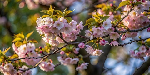 Lush sakura tree in full bloom with delicate pink cherry blossoms , spring, flowers, nature, Japan, blooming, petals, sakura