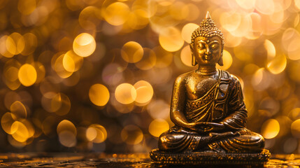 Fototapeta premium Tranquil buddha statue in meditation, surrounded by shimmering golden bokeh lights, evoking a peaceful and spiritual ambiance