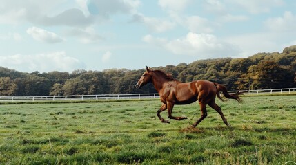 A magnificent brown horse gracefully gallops through a lush green field under a bright, blue sky, with a backdrop of dense wooden fences.