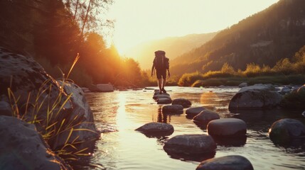 A lone hiker crosses a serene stream on stepping stones, bathed in the golden glow of the setting sun amidst lush, tranquil nature.