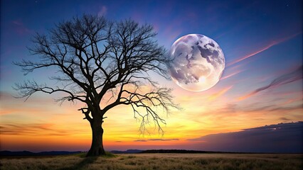 Fototapeta premium Dead tree silhouetted against the dawn sky with a full moon , dead tree, dawn, environment, nature, silhouette, moon, sky, night
