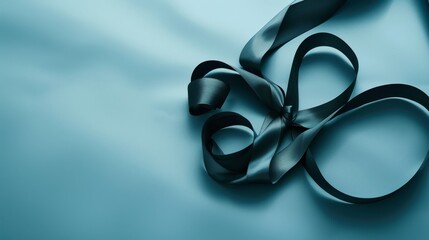 A ribbon loosely coiled on a smooth, light blue fabric surface, creating an elegant and minimalist composition.