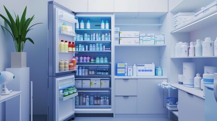 Modern medical supply room with a stocked fridge and shelves filled with various medical products, emphasizing organization and cleanliness.