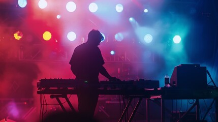 DJ mixing music on stage, surrounded by colorful lights and dense smoke, creating an energetic and immersive experience.