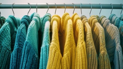 A vibrant row of neatly hung pastel-colored sweaters on display, exuding a cozy and stylish charm.