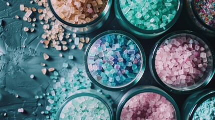 Naklejka premium A top view of various colorful bath salts in round glass containers scattered artistically over a textured dark surface, creating a soothing, spa-like ambiance.