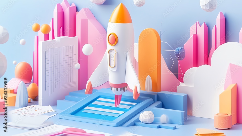 Poster Rocket Launching From Abstract Geometric Shapes.