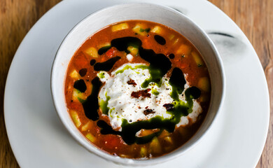 Gazpacho recipe with burrata and basil sauce.