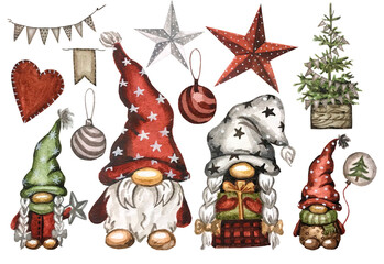 Watercolor clipart gnome family. Scandinavian Christmas hand drawn. Big set illustrations. New Year