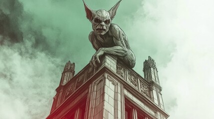 Fototapeta premium Sky-high Sentinel: A Gargoyle Perched on a Skyscraper