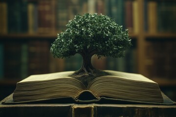 A tree growing out of a book, with its branches forming a library, high resolution, detailed textures, crisp focus