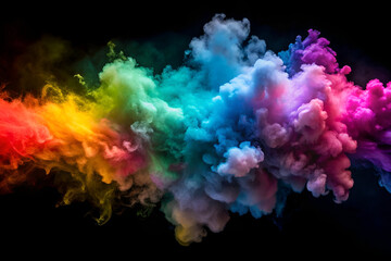Fototapeta premium Colorful clouds and smoke of different colors on black background, rainbow holi paint powder explosion