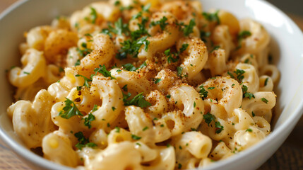 a vegan mac and cheese, made with a cashew-based sauce, served in a white bowl with a sprinkle of nutritional yeast and fresh parsley, on a wooden table