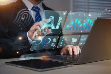 AI content generator A man uses a laptop to interact with an AI assistant. AI has functions such as chatbots, image creation, coding, bot writing, translation, and advertising.