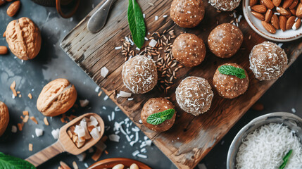 an energy ball made with dates, almond butter, and coconut flakes, placed on a wooden board with additional ingredients artfully arranged around it