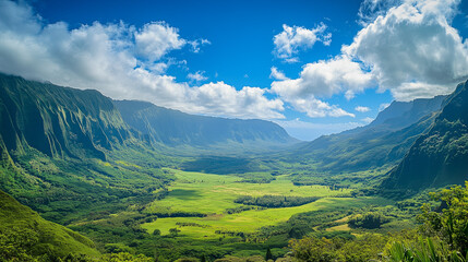 Naklejka premium An impressive view of a vast green valley, fully surrounded by towering mountains, under a cloudless blue sky with a few fluffy white clouds.