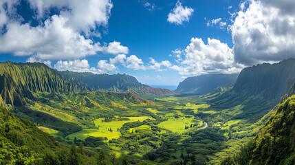 Naklejka premium An impressive view of a vast green valley, fully surrounded by towering mountains, under a cloudless blue sky with a few fluffy white clouds.