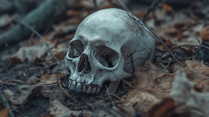 A close-up shot shows a human skull resting on the ground, partially covered by dead leaves and small twigs.