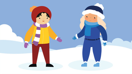 Fototapeta premium Vector illustration of a boy and a girl in winter clothes on the snow