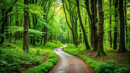 Fototapeta premium A winding path through a lush green forest , nature, trees, trail, sunlight, adventure, hiking, outdoor, peaceful