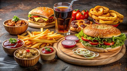 Fototapeta premium A variety of high-fat high-calorie foods including burgers, fries, pizza, and soda, unhealthy, junk food, fast food