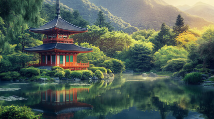 The picturesque setting shows a traditional Japanese pagoda in all its glory, reflected in the calm waters of a pond.
