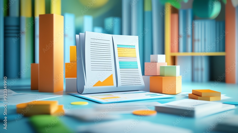 Fototapete Open Document with Graph on Desk with Colorful Blocks.