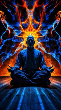 Wise old man meditation in the lotus position colorful vibrant aura spreading around body during spiritual yoga, magical mysterious powerful guru Generative AI