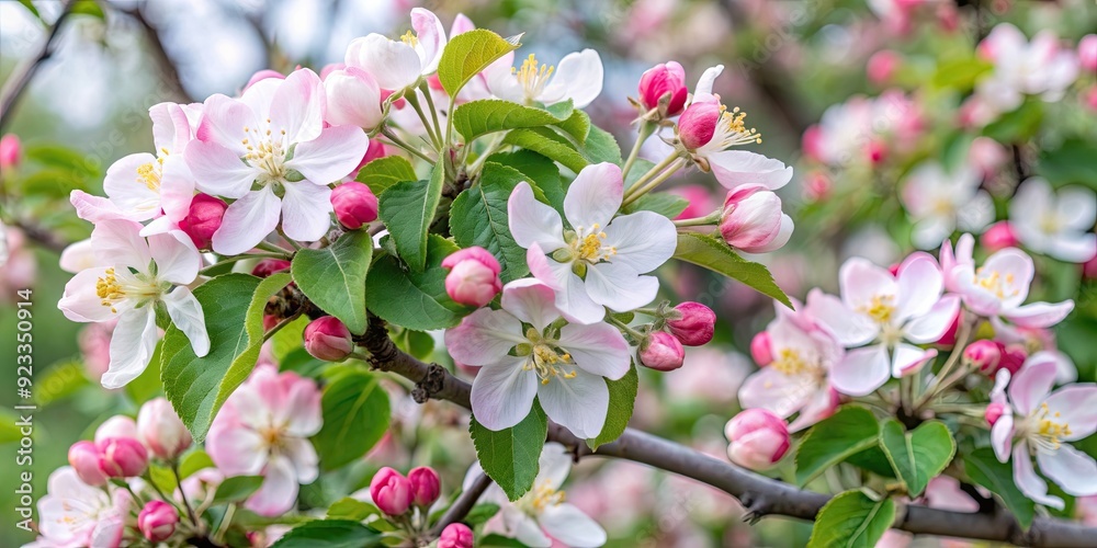 Wall mural Blossoming apple tree in full bloom with pink and white petals, spring, orchard, flowers, blooming, nature, growth