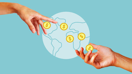 Money transfer, donation and investment concept. Hand with coins giving money to other hand on blue...