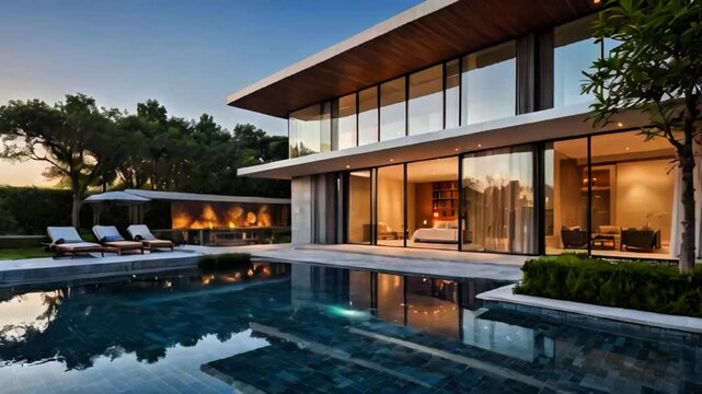 Luxurious millionaire billionaire guesthouse rest house with luxury swimming pool farmhouse resort in the evening Generative AI