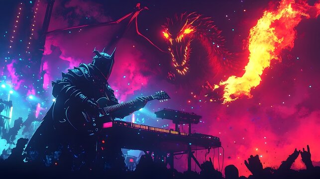 Gallant Medieval Knight Performing Heavy Metal Ballad as Colossal Dragon Looms Large
